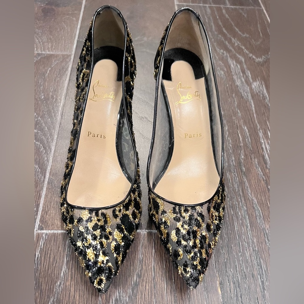 Christian Louboutin Black Gold Lace 85 Chiffon Leopard Pumps